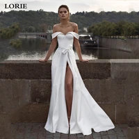 lorie princess wedding dress a line satin high split bride dresses off the shoulder boho wedding gown vestido de noiva