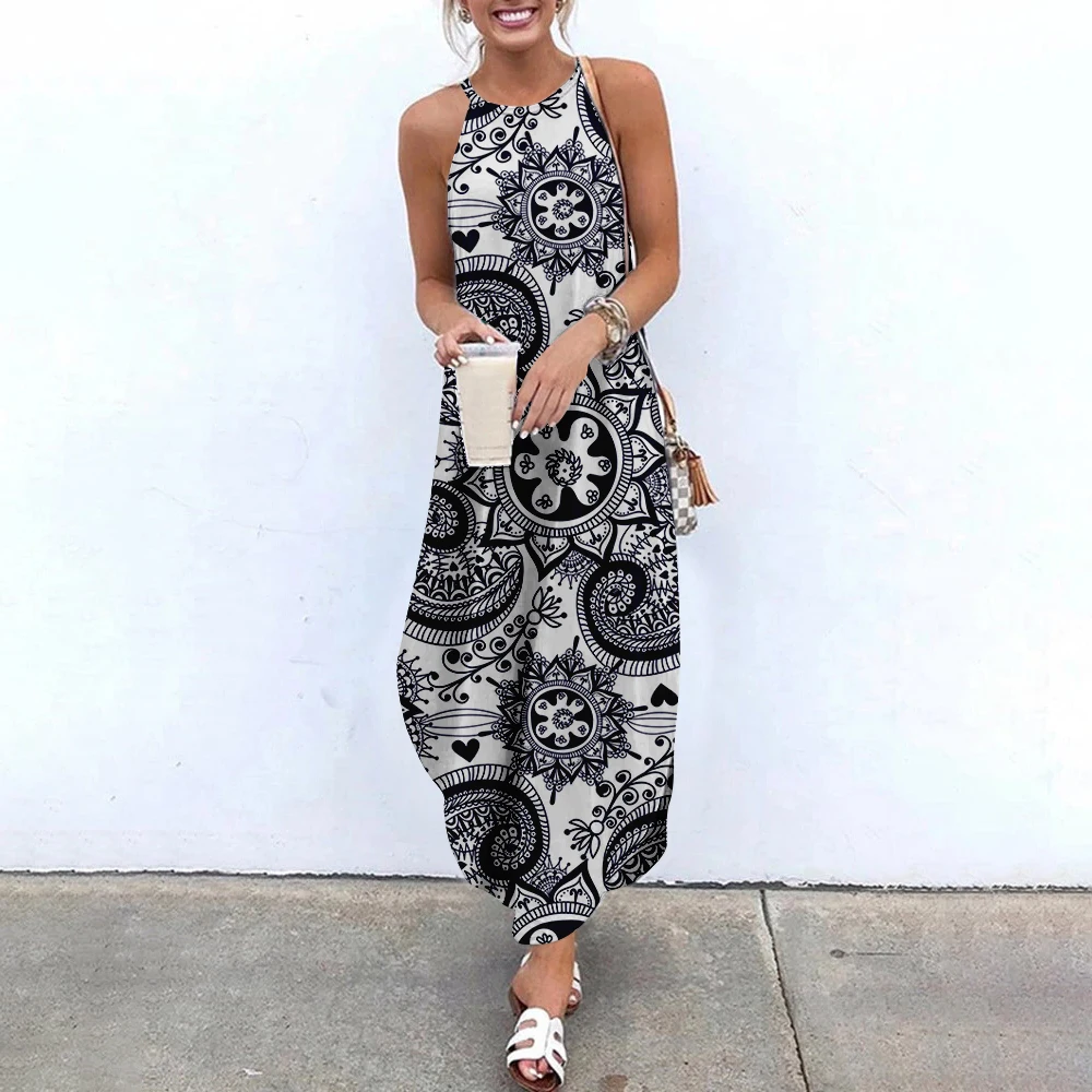 

New cross-border retro pattern printed women's suspender irregular dress