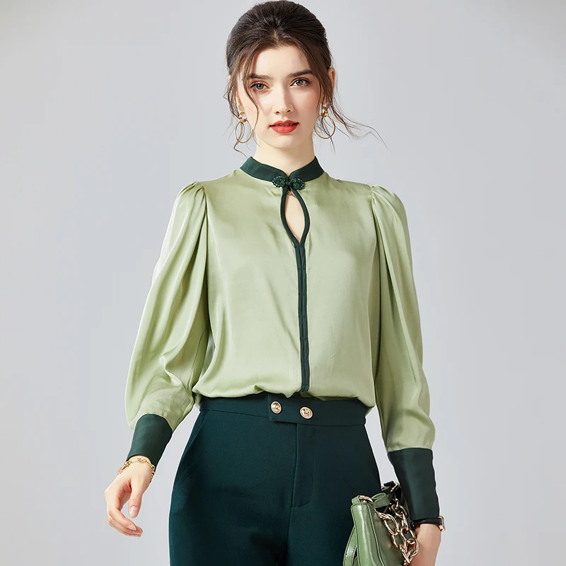 

100% Silk Satin Women's Shirt Stand Collar Vintage Buttons Long Sleeves Sexy Keyhole Elegant Blouse Tops