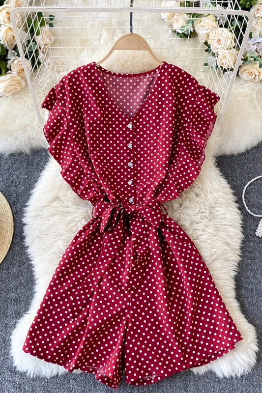 

Holiday Sweet polka dot print ruffled slim short jumpsuit romper summer 2021 women's wide-leg short jumpsuits bodysuit women