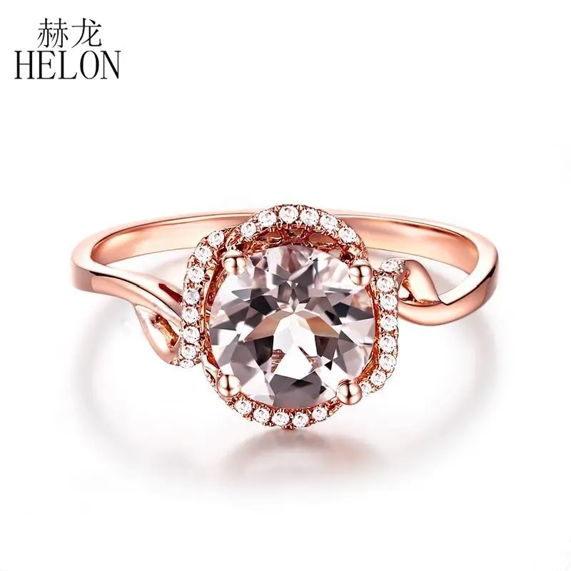 

HELON Solid 14k Rose Gold AU585 Natural Diamonds Engagement Wedding Ring 7mm Round Cut Natural Morganite Ring Fine Jewelry Women