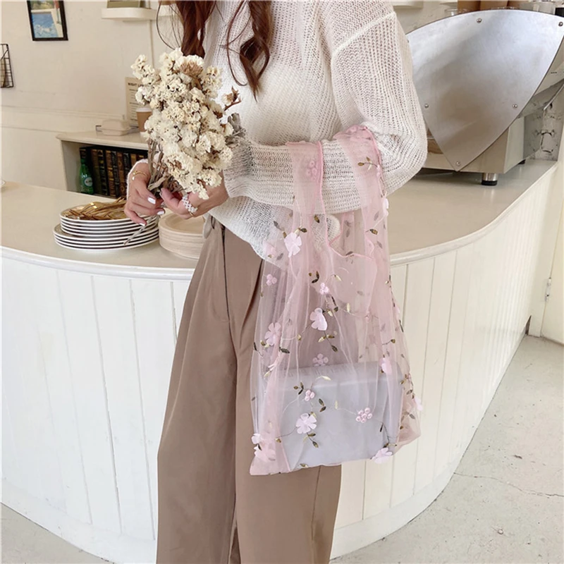

Femme Handbags Elegant Embroidery Flower Bag Casual Fashion Tote Mesh Shopping Bags High Quality Organza Women Bags