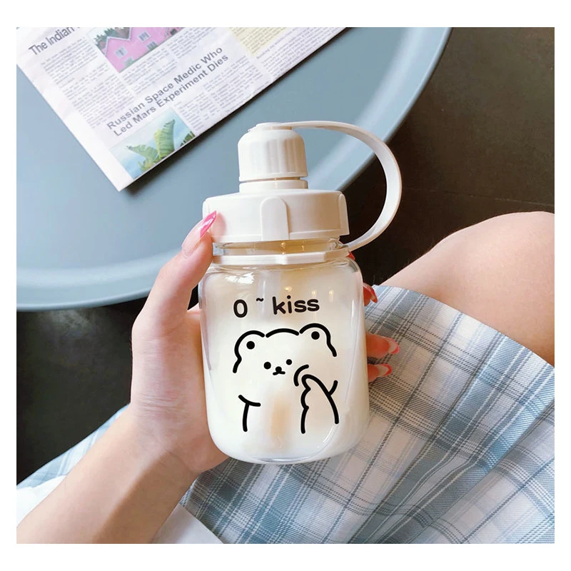

350 мл новая Питьевая Бутылка Ins Bear мультяшная Милая прозрачная пластиковая бутылка для воды с соломинкой чашка для молока воды подарок на де...