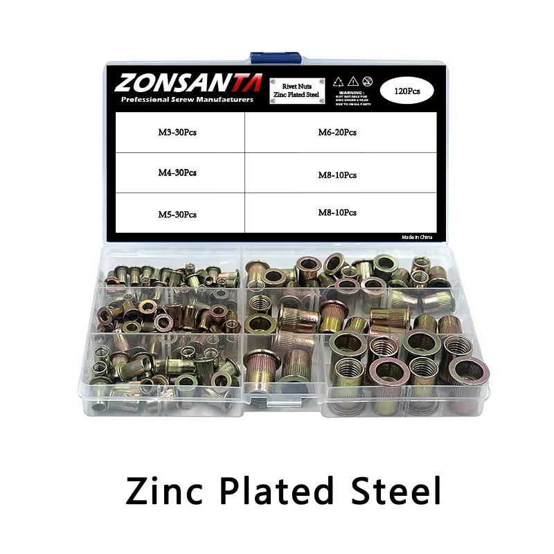 

ZONSANTA120 шт. Набор заклепок из нержавеющей стали 304, гайка M3 M4 M5 M6 M8 M10, гайка из углеродистой стали с плоской головкой, комплект гаек с резьбой