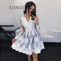 2020 sexy a line see through long sleeves lace pink evening dress short with appliques vintage party dresses robe de soiree