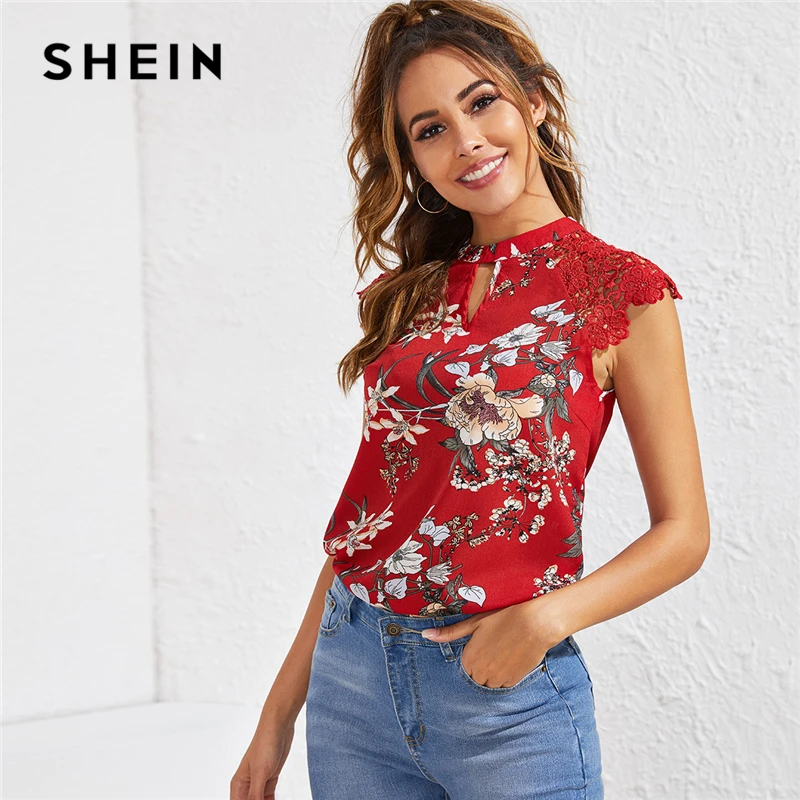 SHEIN модный гипюровый топ с цветочным принтом и кружевными рукавами реглан, Вырез «капля», Летние Элегантные Женские топы и блузки