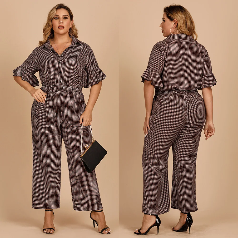 

2021 Summer New Fashion Commuter Lotus Leaf Sleeve Printing Single-Breasted Casual Short-Sleeved Jumpsuit