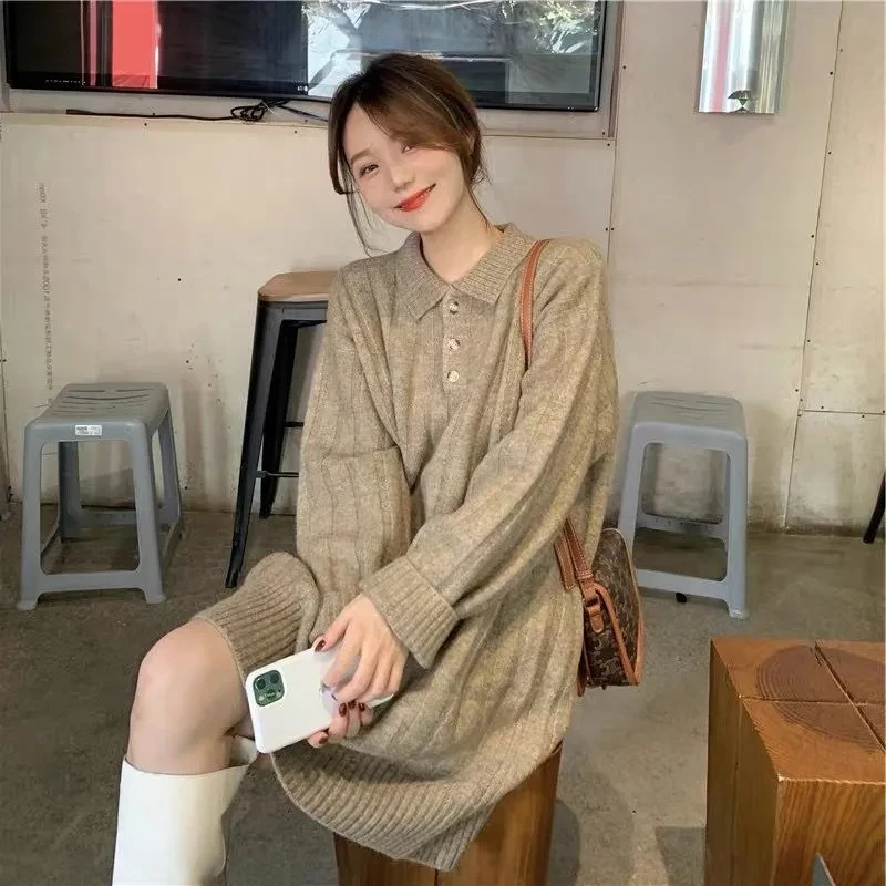 

Vintage Thick Knitted Dress for Women Japan Korean 2021 Elegant Solid Loose Turn Down Neck Mini Sweater Dresses Casual