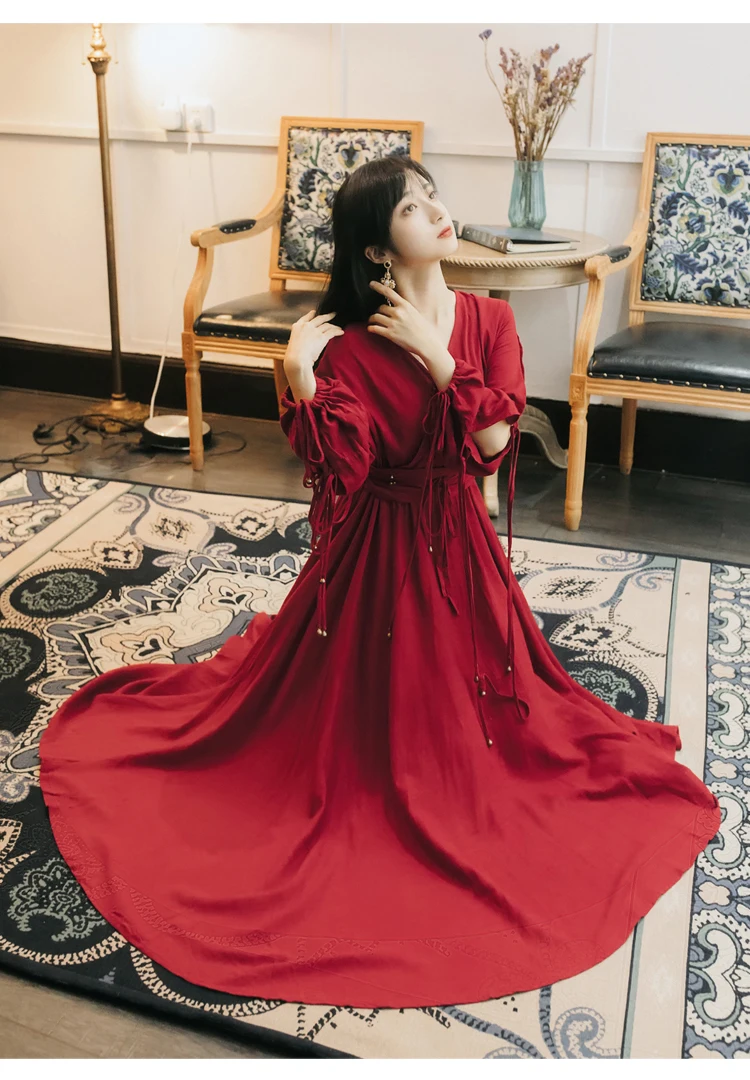 YOSIMI Maxi Chiffon Red Long Women Dress Bohemian V-neck Lantern Sleeve Full Sleeve Ankle-lenght Female Dress with Sashes