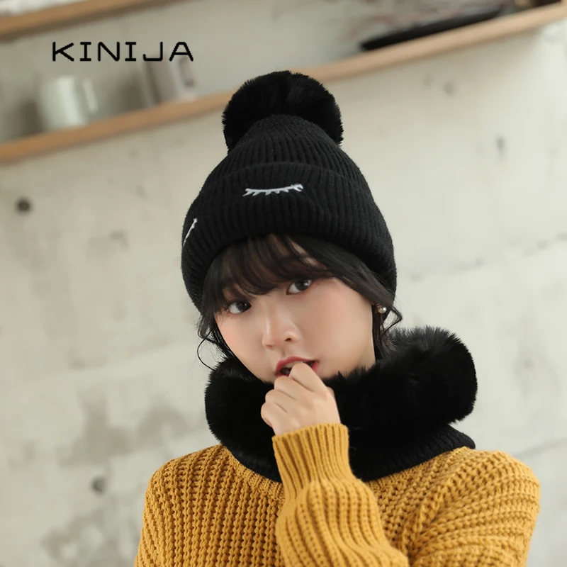 Зимние толстые связан из шерсти помпоны меха шапочка кролик Балаклава осень