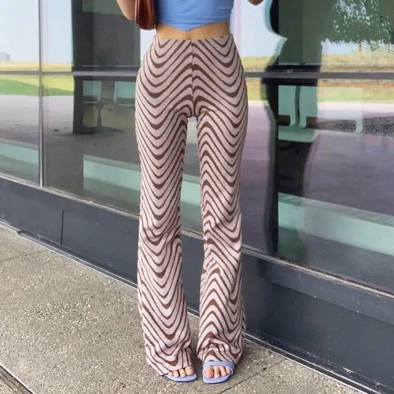 

Leisurewear Women Simple Style Flared Trousers Female Skinny Brown Wavy Stripe Printed Pattern High Waist Straight Pants Street