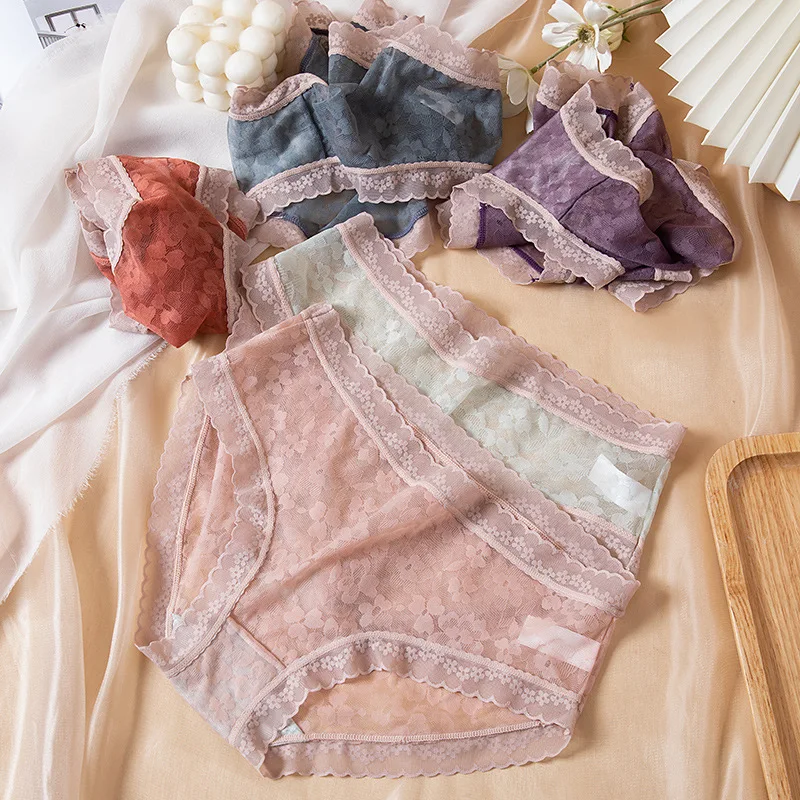 5PCS Women's Cotton Panties Breathable Sexy Lace Transparent Soft Girls Briefs Female Panty Seamless Underwear Low-Rise Lingerie