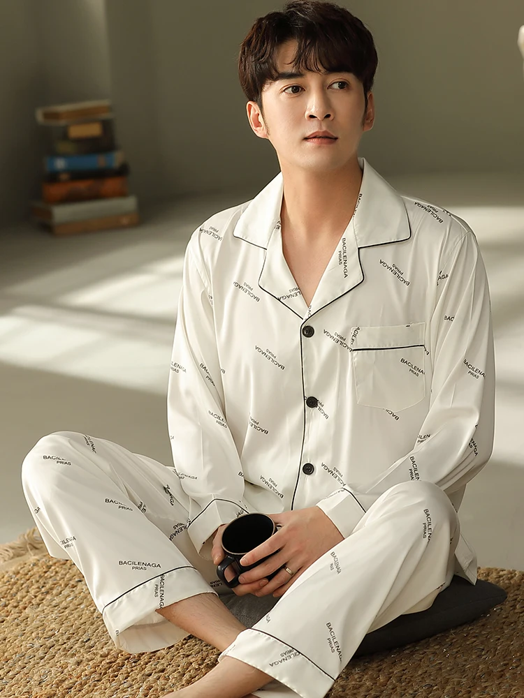 

Summer Satin Pajamas Men Letter Long Sleeve Pijamas Hombre Sleepwear Nightwear Ice-Silk Home Clothes Pj Set Satin Pyjama Homme