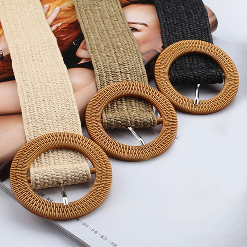 

Vintage Boho Braided Waist Belt Summer Solid Female Belt Round Wooden Smooth Buckle Fake Straw Wide Belts For Women Hot Sale