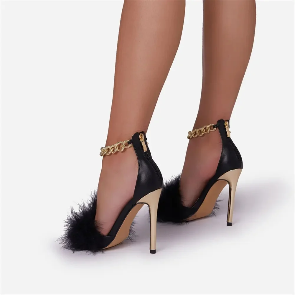 

Ladies Pointed Toe Thin High Heel Sandals For Women Fur Design Metal Chain Ankel Strap Shoes Woman Stiletto Summer Luxury Brand