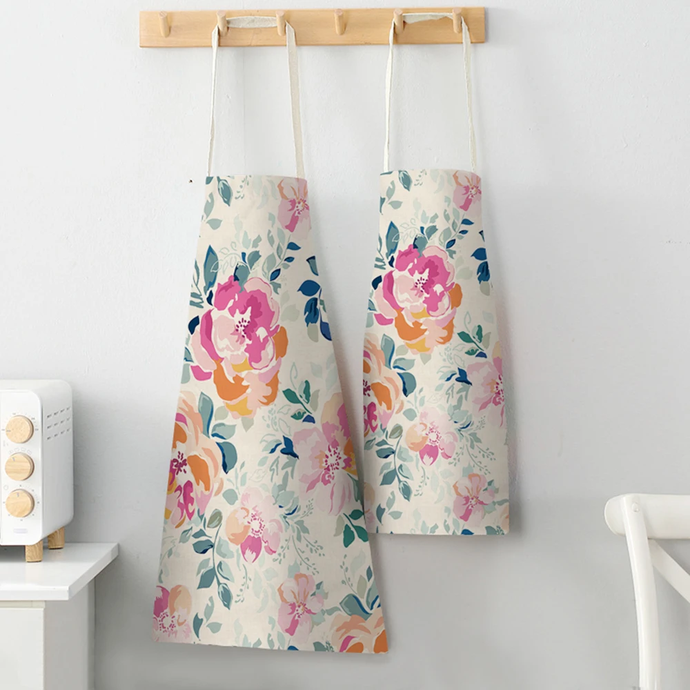 

FYMX Flower Linen Apron Simple And Elegant Nature Flowers And Leaves Colorful Apron Household Cleaning Hygiene Cleaning Tools