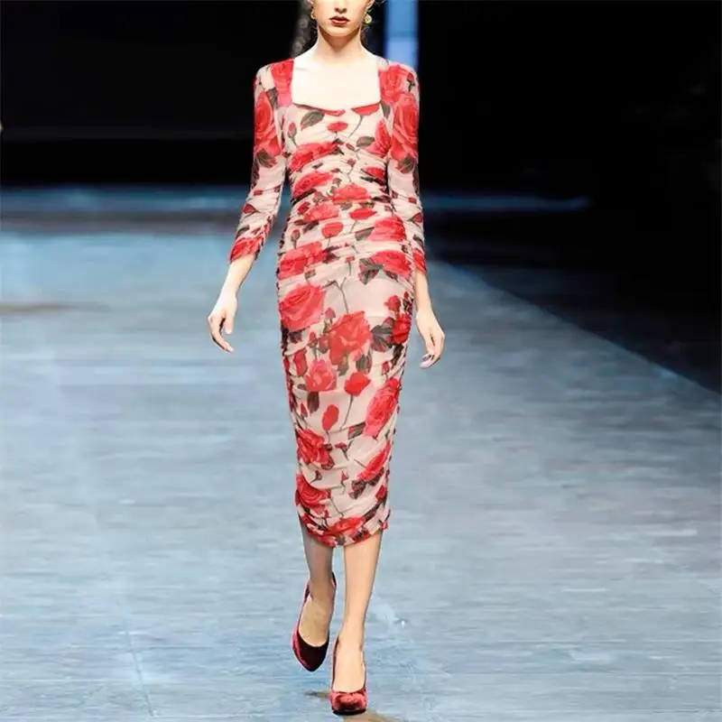 

Women Runway Dress High Quality Spring Autumn Square Collar Long Sleeves Elastic One-Piece Pencil Dresses Casual Vestidos