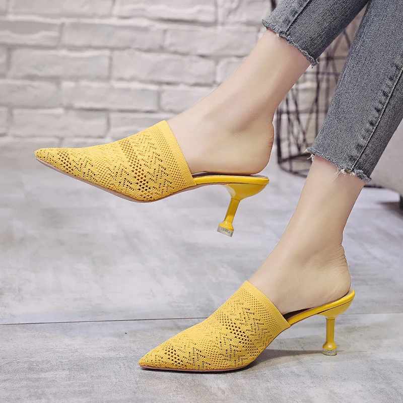 Pointed Toes Woven Knit Fashion Women Half Med Heels Stilettos Mules Loafer Casual Feminine Slippers Slides Sandalias Shoe E629 | Обувь
