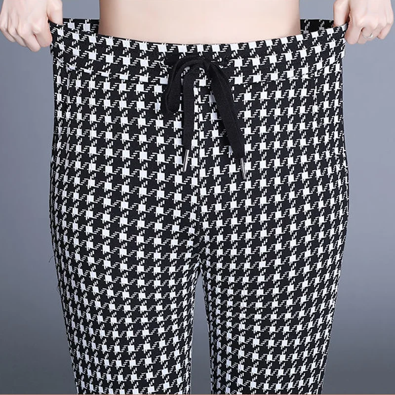 Vintage Split Houndstooth Flare Pants Women Slim Lace Up High Waist Pantalones 90-95cm Ankle Capris Elegant Bell-Bottom Trousers