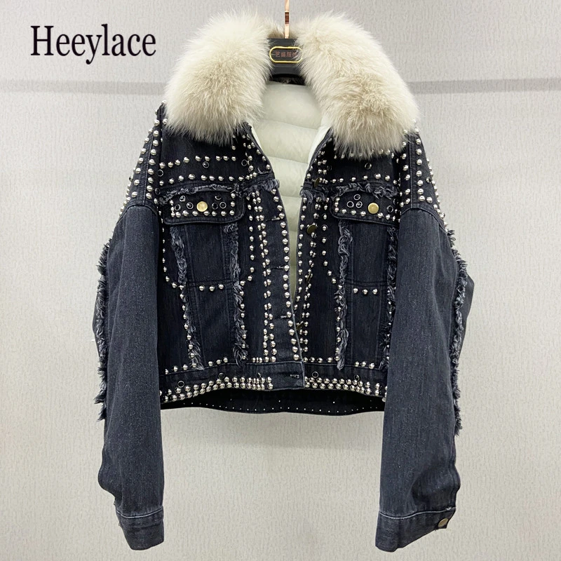 

2020 winter Down jacket women real fox fur collar detachable liner heavy industry Studded Rivet Denim Jacket women warm parkas