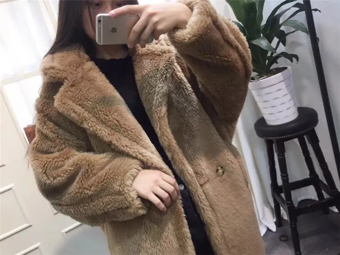 Зимнее пальто с натуральным мехом, плюшевый мишка, коричневые флисовые куртки, женский модный костюм, воротник из альпаки, плотное пальто, теплая длинная парка