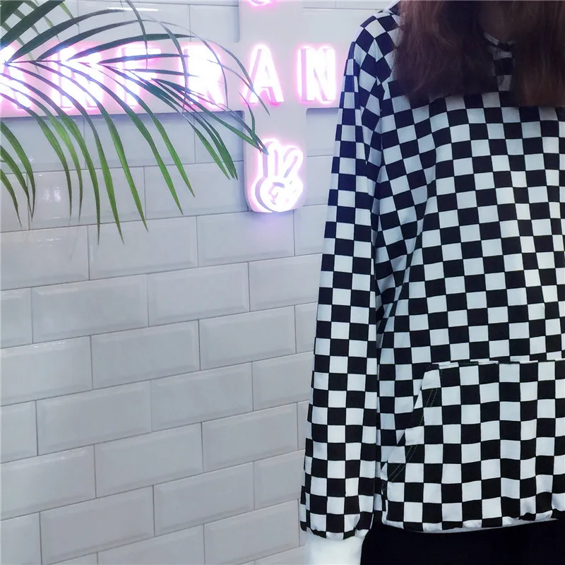 Корейский стиль Женская Толстовка Harajuku Checker женские толстовки пуловер хип-хоп Повседневный шахматный стиль плед оверсайз Топ