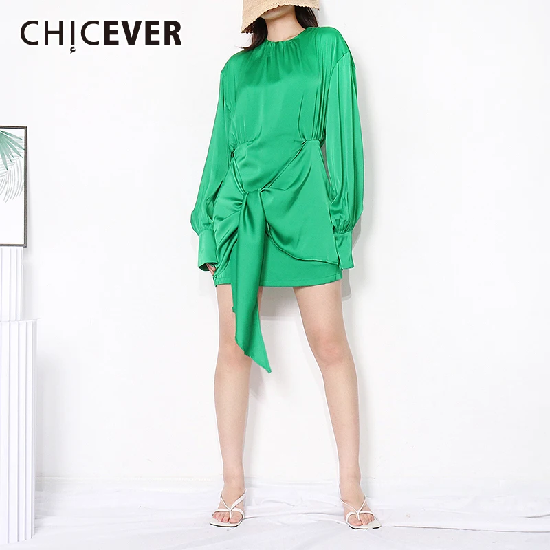

CHICEVER элегантное зеленое платье на шнуровке для женщин, круглый вырез, длинный рукав, высокая талия, минималистичные повседневные платья, же...