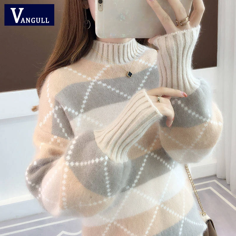 Vangull свитер в клетку с высоким воротником вязаный пуловер контрастного цвета