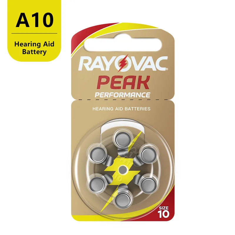 

Hearing Aid Batteries 60PCS / 10 Cards RAYOVAC PEAK 1.45V A10 10A 10 PR70 Zinc Air Battery For BTE CIC RIC OE Hearing Aids