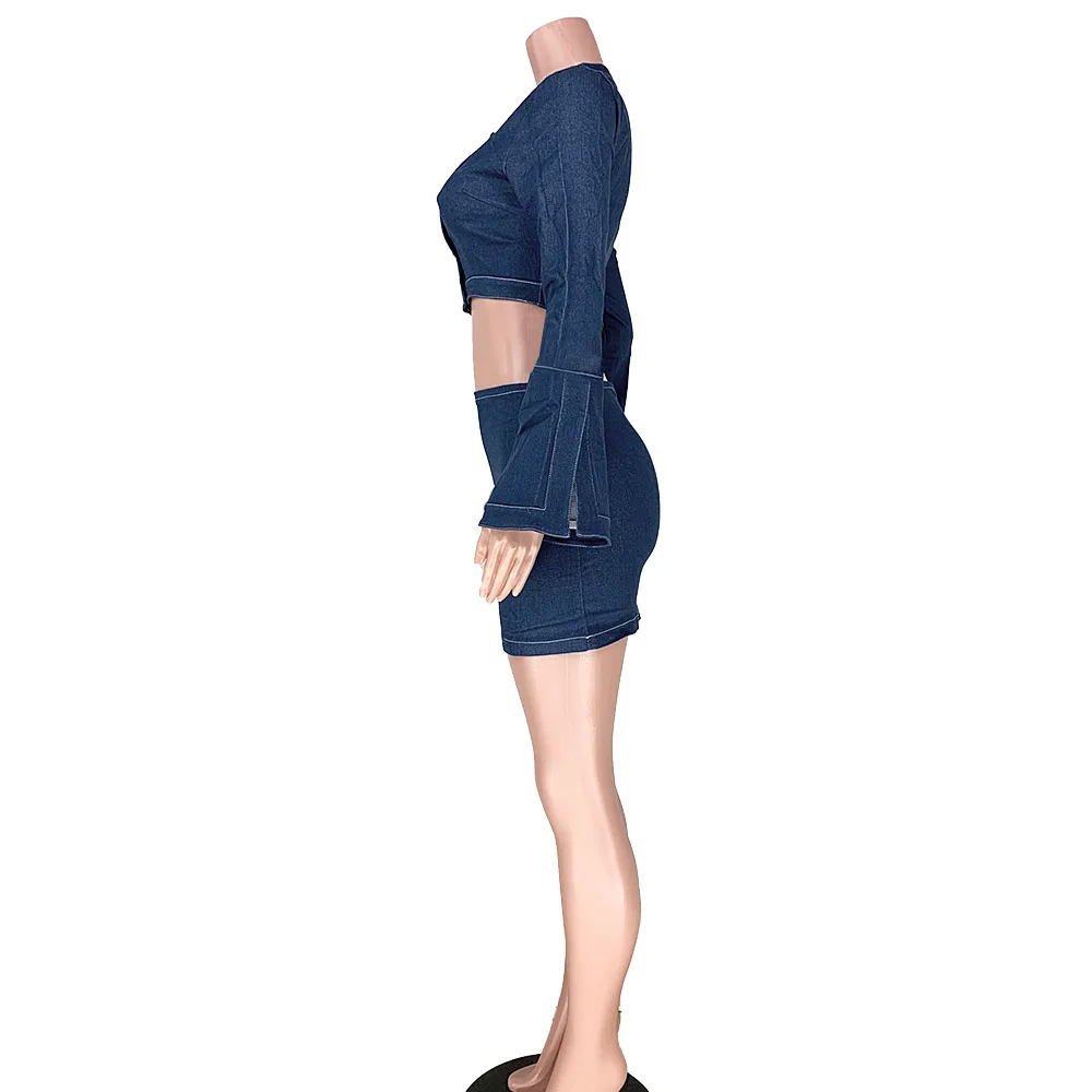 Женский джинсовый комплект из 2 предметов модный короткий топ и юбка с круглым