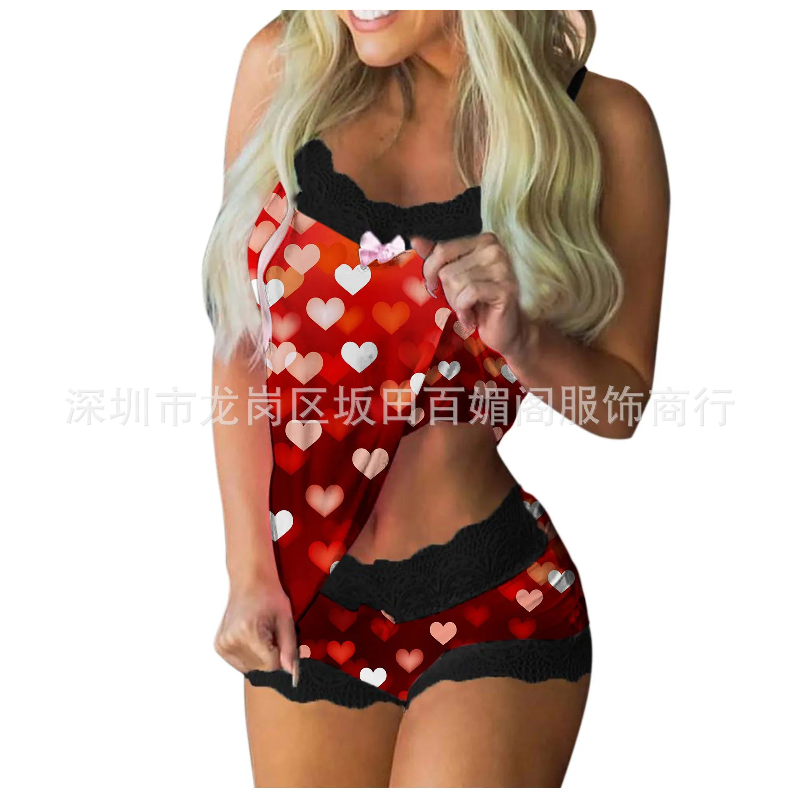 

Love Print Women's Pajamas Set V-Neck Stretch Satin Babydoll Lace Sexy Lingerie Sleepwear Pajamas Home Wear Nightwear Clothing