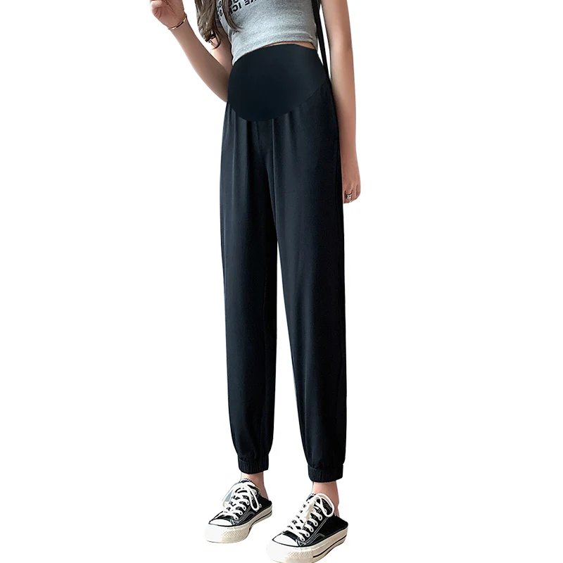 

659# Summer Cool Ice Feel Maternity Jogger Pants Elastic Waist Belly Straight Loose Clothes for Pregnant Women Casual Pregnancy