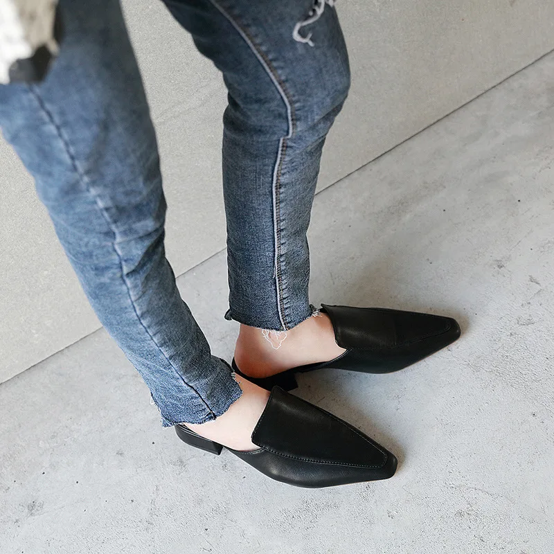 Мюли женские на толстом каблуке однотонные шлепанцы квадратный носок