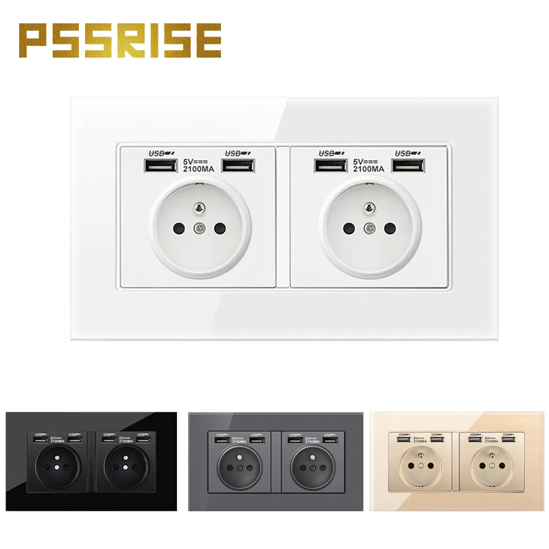 

PSSRISE Wall FR Power Socket With 4USB, Tempered Glass Panel, 146*86mm, Bedroom Socket, 16A Wall Embedded Socket 4 USB Socket