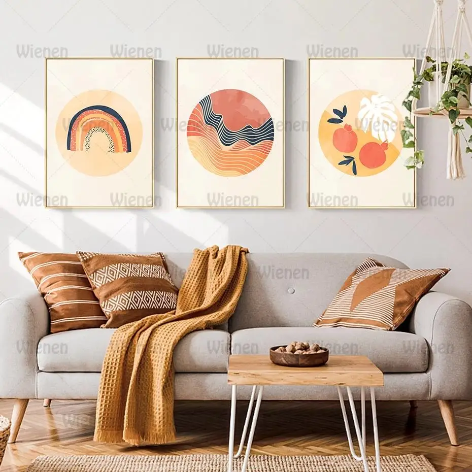 

Canvas Painting Boho Yellow Orange Waves Stripes Rainbow Leaves Posters Prints Wall Art Pictures Bedroom Living Room Home Decor