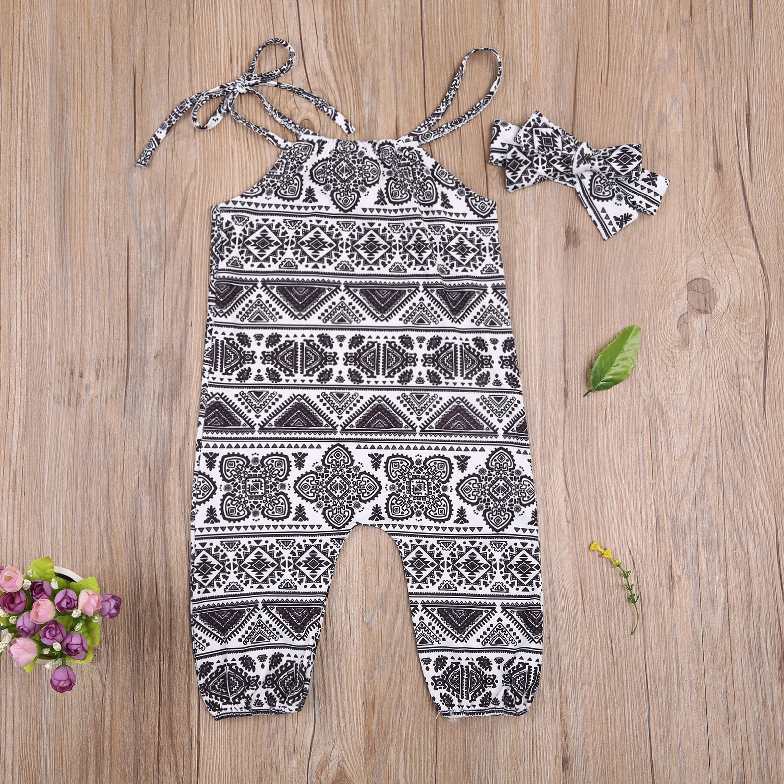 

2 Pcs Toddler Summer Outfits Baby Girl Sleeveless Geometric Print Spaghetti Strap Romper Headband Baby Girl Clothes Summer