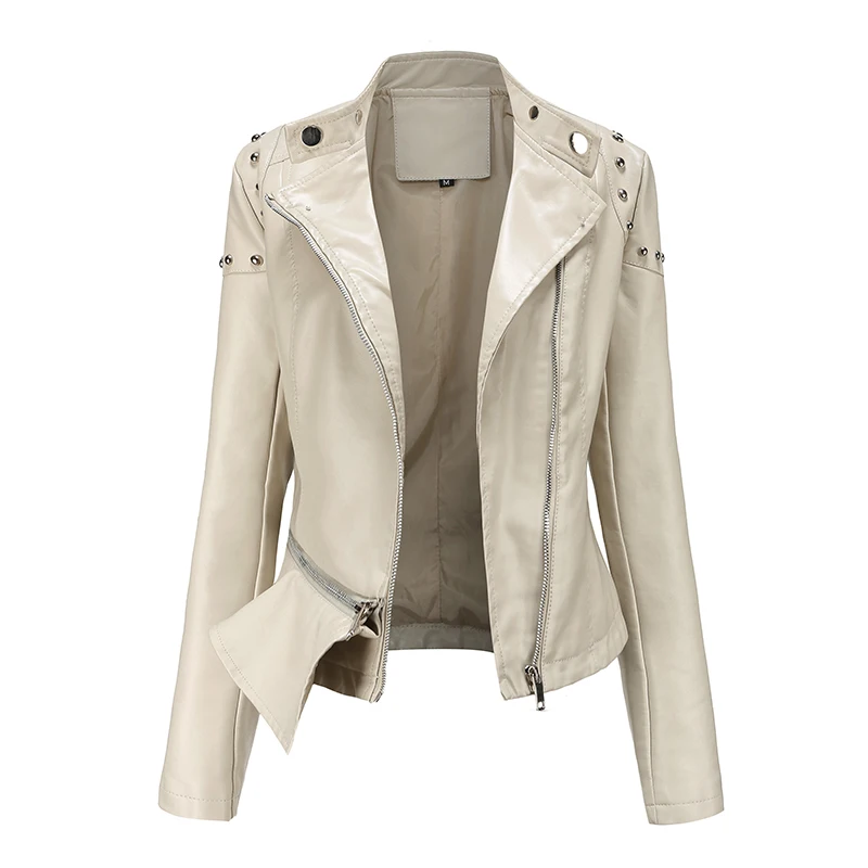 Women's Clothing Motorcycle Jackets And Coats New Hem Design Rivet Decoration Long Sleeve Lapel Tops Lady Faux Leather Jacket