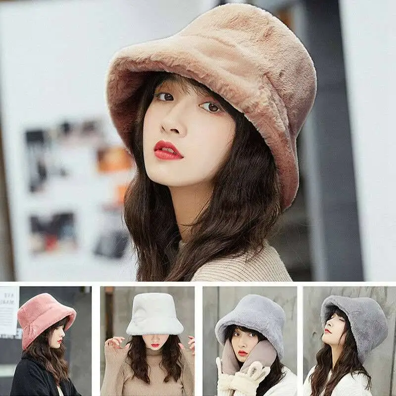 Women Winter Fluffy Plush Bucket Hat Ladies Warm Faux Fur Fisherman Cap Hat