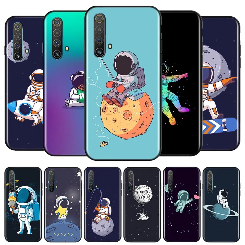 

Cute Cartoon Astronaut For OPPO A74 A94 A93 A73 A53 A32 A31 A72 A12E A12 A11 A9 A5 2020 5G AX7 Black Soft TPU Phone Case