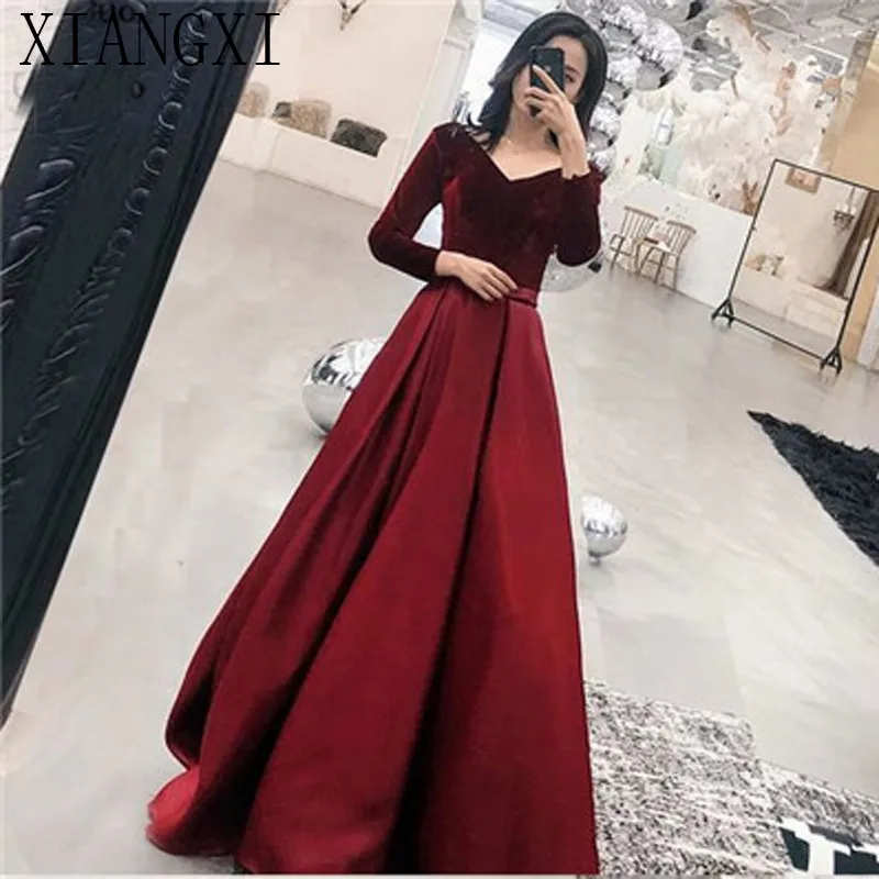 

Burgundy 2020 Ready Ship A-Line Gown Prom Dress Long Sleeve 8th Graduation Dress School Dance Dress Prom Dresses for women