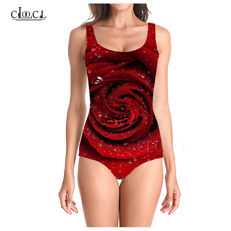 Красный слитный купальник Женский пикантный без рукавов с цветочным принтом роз