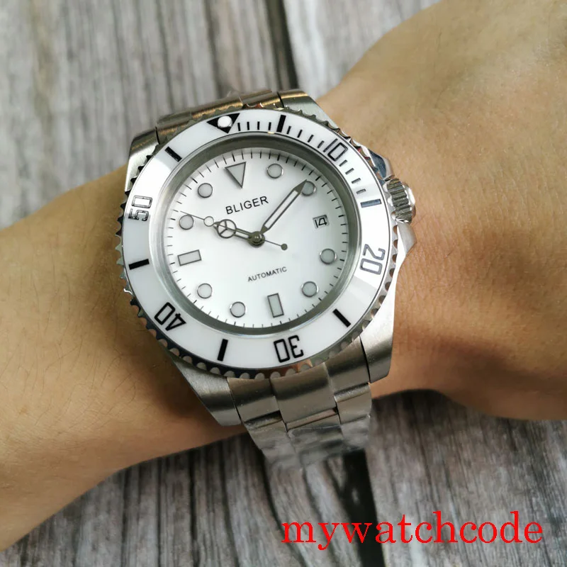 

44mm White Bliger Green Dial Luminous Marks Ceramic Bezel Automatic Men's Watch Date Indicetor Ceramic Bezel Oyster Bracelet B88