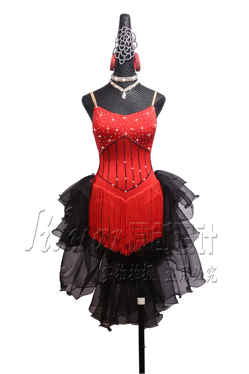 

New Latin Dance Dress Women Competition Costumes Custom Practice Skirts Shining Crystal red Thick Fringed Latin Dresses