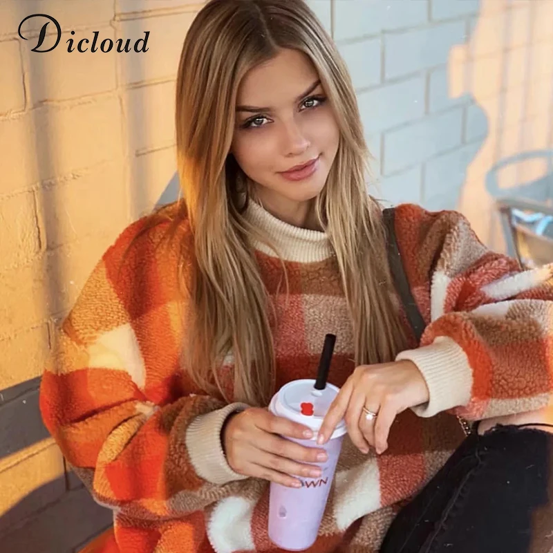 DICLOUD, клетчатая водолазка, Fluffly, толстовки для женщин, Осень-зима, повседневные, большие размеры, с длинным рукавом, теплые пуловеры,, Свободный Топ