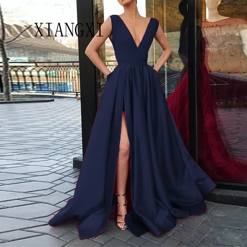 

Элегантное Атласное Бордовое платье для выпускного вечера с v-образным вырезом 2018 vestidos de festa, вечернее платье с высоким разрезом без рукавов,...