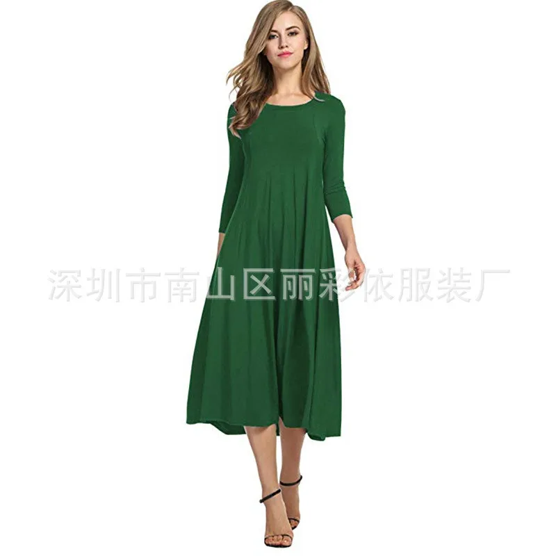 

with round Color Half New Expandable Neck Sleeve Shirt Popular Solid Dresses Autumn New Popular round Neck Shirt with Half Slee