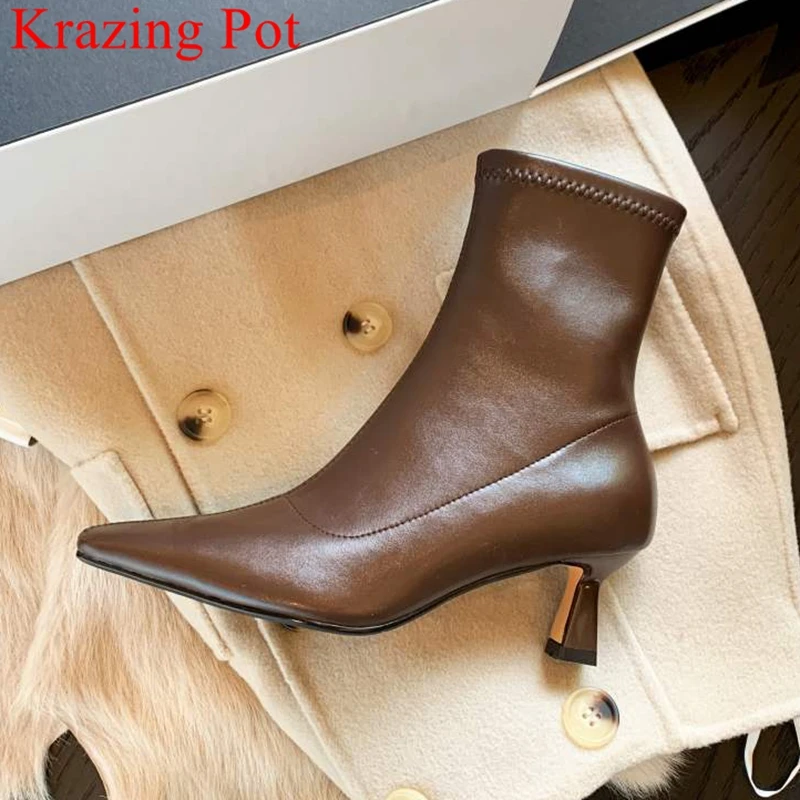 

Krazing Pot big size high quality zipper square toe stretch boots high heels warm winter shoes office lady runway ankle boots