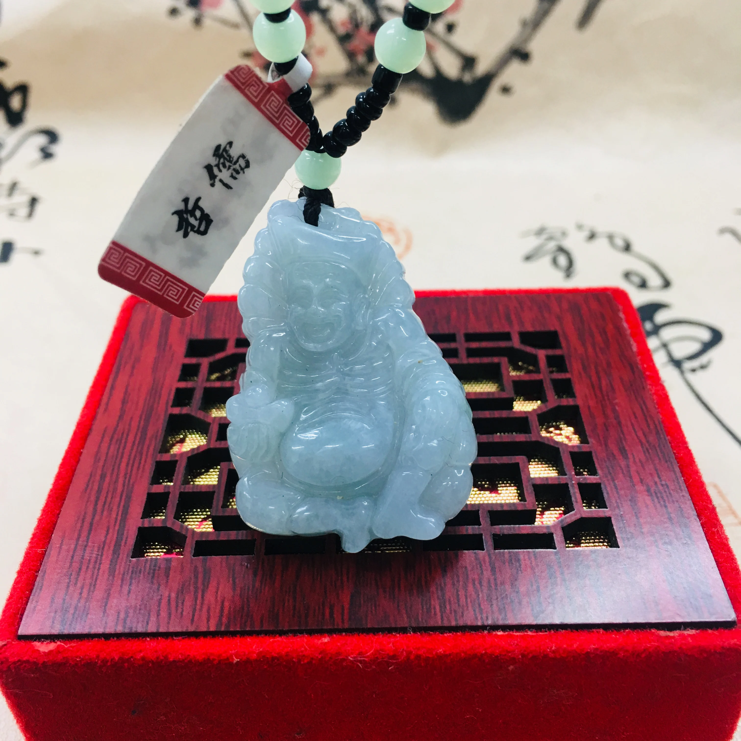 

Zheru Pure natural Jadeite carved light green living Buddha patron god pendant Green bead sweater chain Send A certificate