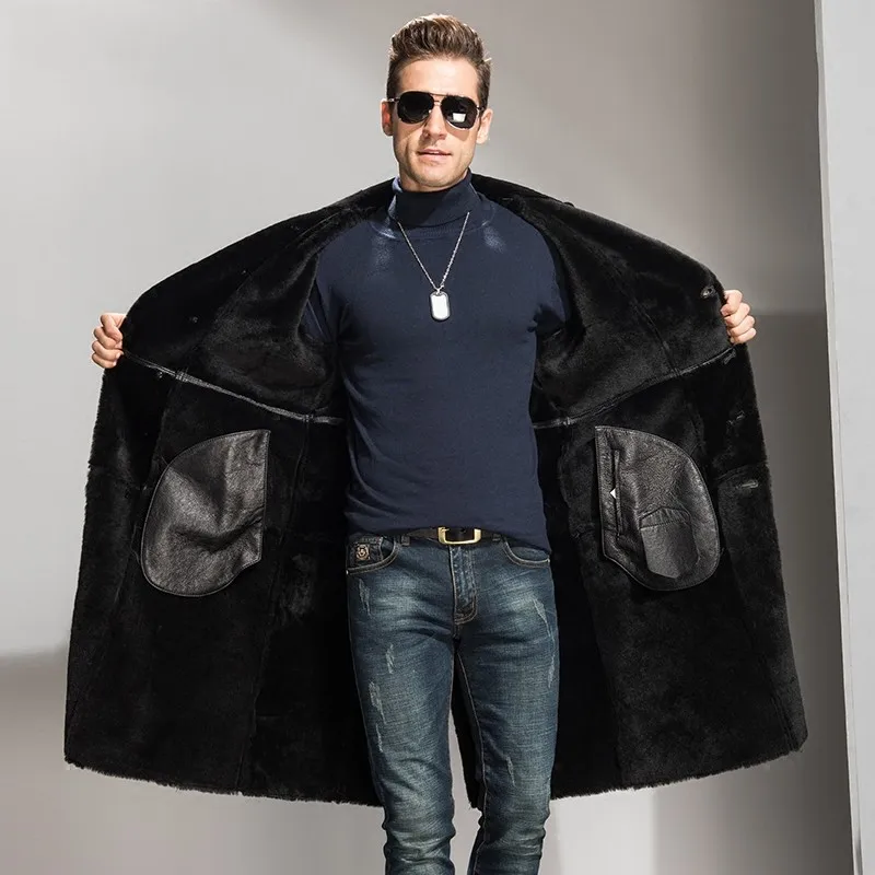 

Mens Genuine Luxury Leather Sheepskin Overcoat Winter Warm Lamb Fur Long Jacket Fashion Slim Fit Single Breasted Coat Plus Size