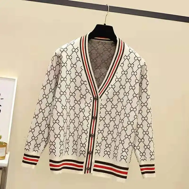 

2021 Spring Korean Style Loose V-Neck Knitted Sweater Women's Long-Sleeved Single-Breasted Cardigan Fashion Printed Elegant Coat